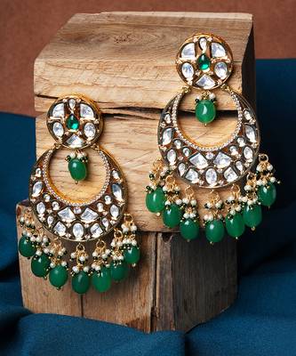 Gold finish semi-precious green emerald studded chaandbaali earrings 2