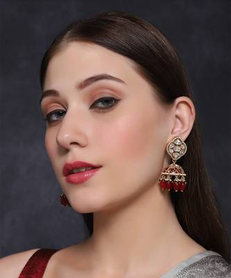 Gold finish semi-precious synthetic ruby and zircon diamond studded chaandbaali earrings 1