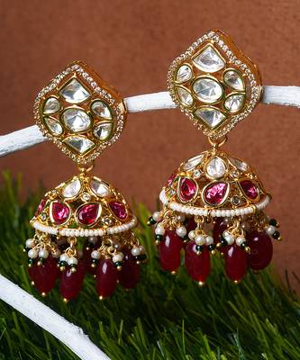 Gold finish semi-precious synthetic ruby and zircon diamond studded chaandbaali earrings 2
