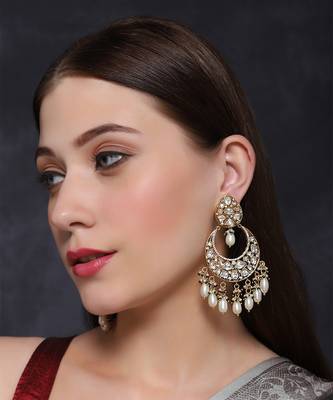 Gold finish semi-precious pearls and zircon diamond studded chaandbaali earrings 1
