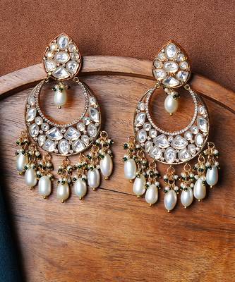 Gold finish semi-precious pearls and zircon diamond studded chaandbaali earrings 2