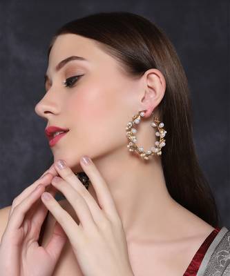 Gold finish semi-precious flowery pearls studded hoops earrings 1