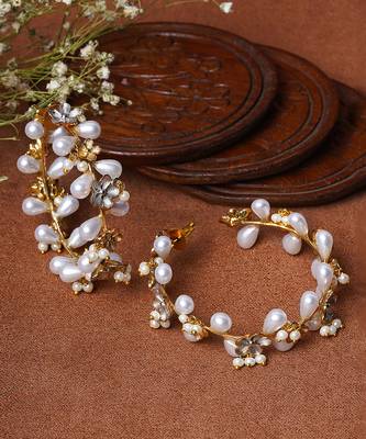 Gold finish semi-precious flowery pearls studded hoops earrings 2