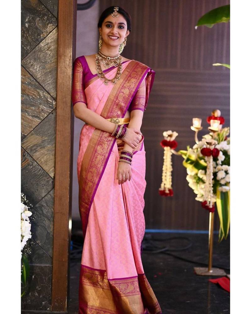 PINK WOVEN KANJIVARAM SILK SAREE WITH BLOUSE PIECE