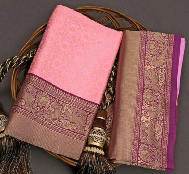 PINK WOVEN KANJIVARAM SILK SAREE WITH BLOUSE PIECE