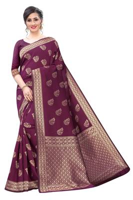 Purple Banarsi Silk Blend Saree With Blouse Piece. 1