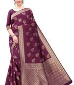 Purple Banarsi Silk Blend Saree With Blouse Piece.