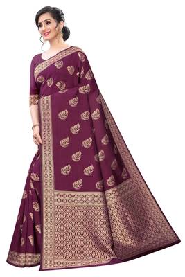Purple Banarsi Silk Blend Saree With Blouse Piece. 2