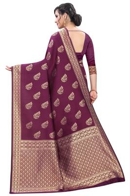 Purple Banarsi Silk Blend Saree With Blouse Piece. 3