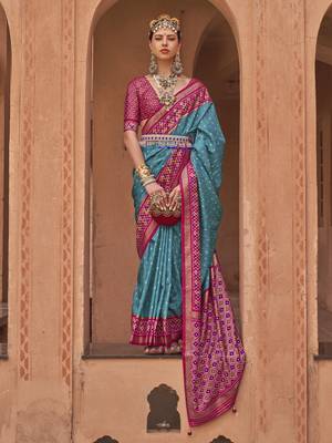Elora Soft Silk Printed Patola Saree For Women (Sky Blue) 1