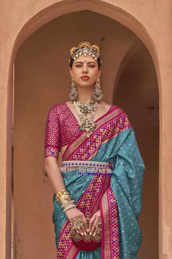 Elora Soft Silk Printed Patola Saree For Women (Sky Blue)