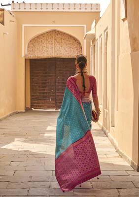 Elora Soft Silk Printed Patola Saree For Women (Sky Blue) 4