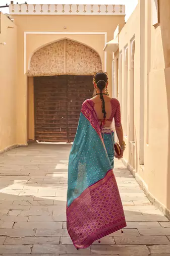 Elora Soft Silk Printed Patola Saree For Women (Sky Blue)