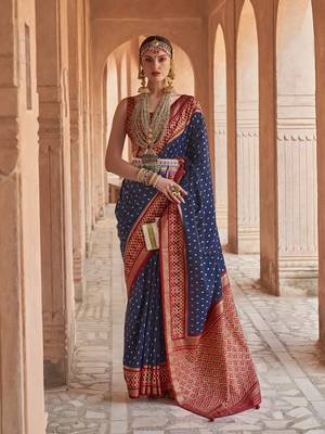 Elora Soft Silk Printed Patola Saree For Women (Navy Blue) 1
