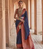 Elora Soft Silk Printed Patola Saree For Women (Navy Blue)