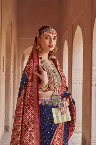 Elora Soft Silk Printed Patola Saree For Women (Navy Blue)