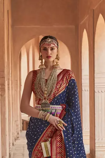 Elora Soft Silk Printed Patola Saree For Women (Navy Blue)