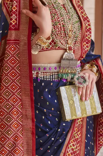 Elora Soft Silk Printed Patola Saree For Women (Navy Blue)