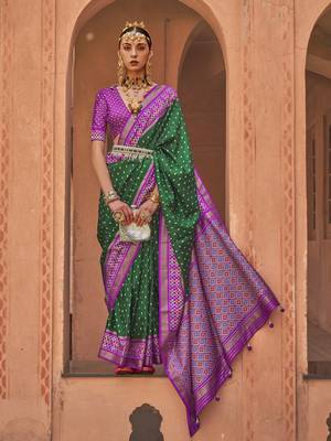 Elora Soft Silk Printed Patola Saree For Women (Dark Green) 1