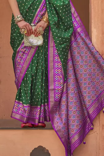Elora Soft Silk Printed Patola Saree For Women (Dark Green)