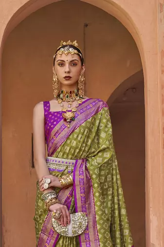 Elora soft silk printed patola saree for women (mahendi green)