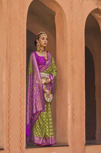 Elora soft silk printed patola saree for women (mahendi green)
