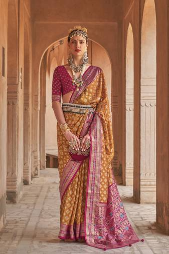 Elora Soft Silk Printed Patola Saree For Women (Dusty Orange)
