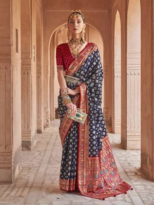 Elora Soft Silk Printed Patola Saree For Women (Navy Blue) 1