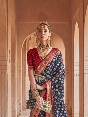 Elora Soft Silk Printed Patola Saree For Women (Navy Blue) 2