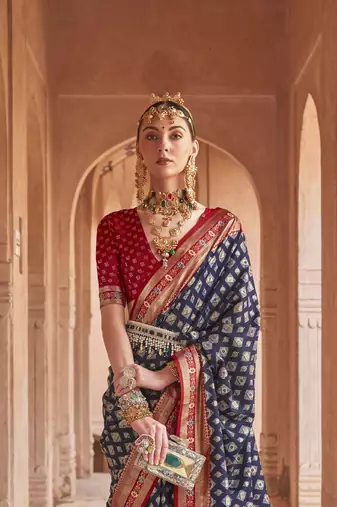 Elora Soft Silk Printed Patola Saree For Women (Navy Blue)
