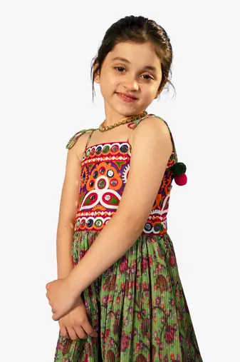 girl's shoulder straps green navratri dress
