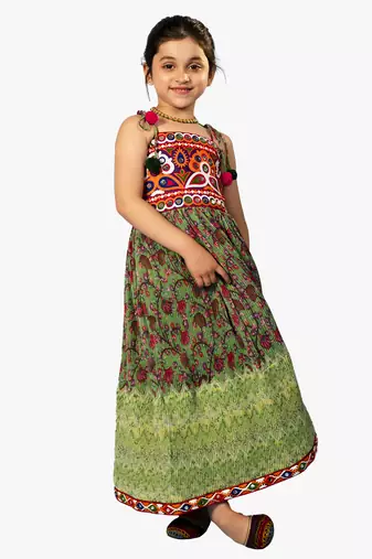 girl's shoulder straps green navratri dress