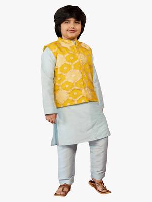boy blue silk kurta set with yellow ethnic jacket (set of 3) 1