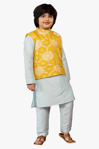 Jilmil boy blue silk kurta set with yellow ethnic jacket (set of 3)
