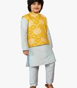 boy blue silk kurta set with yellow ethnic jacket (set of 3)