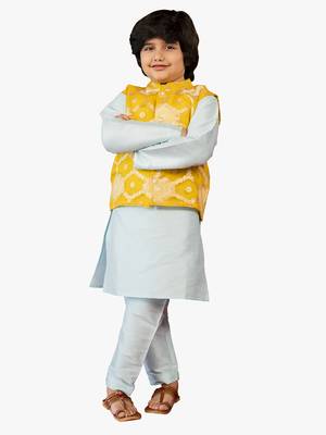 boy blue silk kurta set with yellow ethnic jacket (set of 3) 2