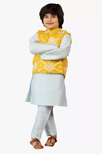 boy blue silk kurta set with yellow ethnic jacket (set of 3)