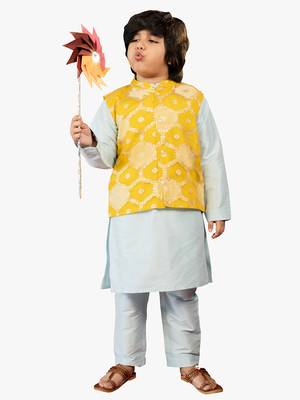 boy blue silk kurta set with yellow ethnic jacket (set of 3) 3