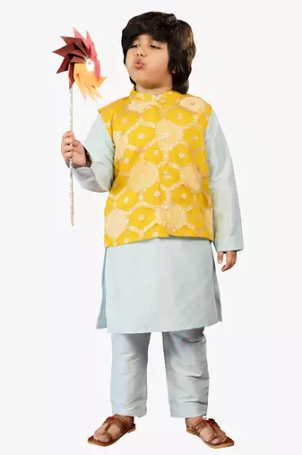 boy blue silk kurta set with yellow ethnic jacket (set of 3)