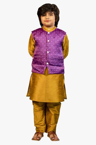 Jilmil boy mustard silk kurta set with purple ethnic jacket (set of 3)