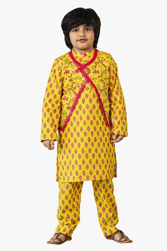 Jilmil boy cotton printed kurta set with ethnic jacket (set of 3)