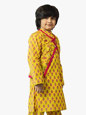 boy cotton printed kurta set with ethnic jacket (set of 3) 3
