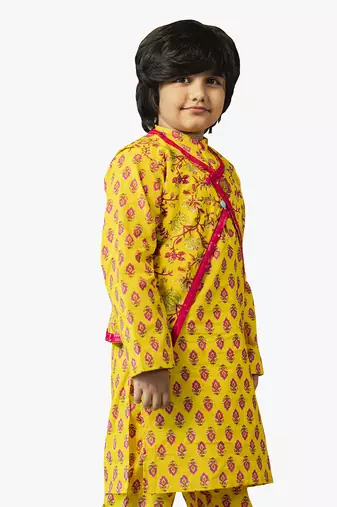 boy cotton printed kurta set with ethnic jacket (set of 3)