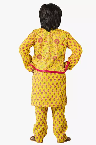 boy cotton printed kurta set with ethnic jacket (set of 3)