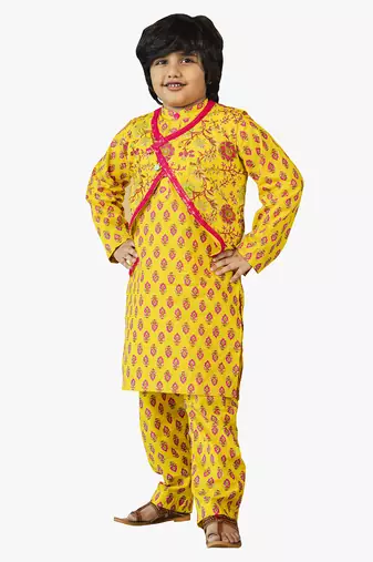 boy cotton printed kurta set with ethnic jacket (set of 3)