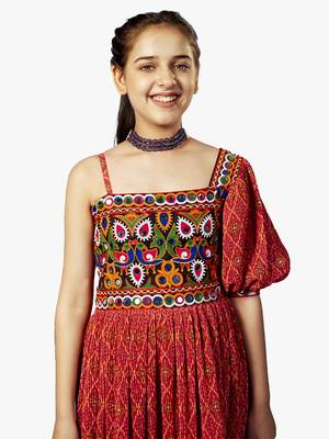 girl's one shoulder pink navratri dress 4