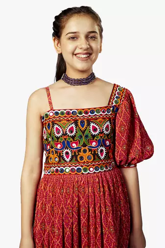 girl's one shoulder pink navratri dress