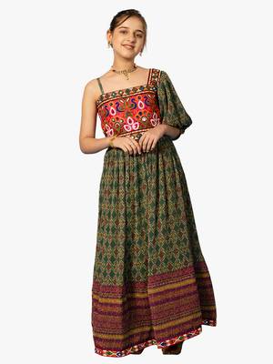 girl's one shoulder green navratri dress 1