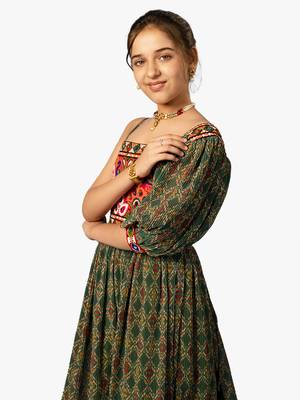 girl's one shoulder green navratri dress 3