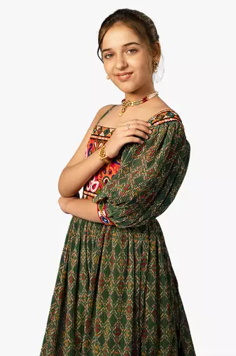 girl's one shoulder green navratri dress